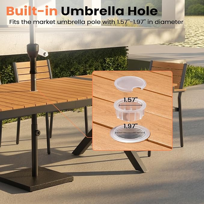 Pellebant 94" Outdoor Dining Table with LED Lights, 8-10 Person Aluminum Patio Table with Umbrella Hole, Sturdy Frame & 8ft Wood Grain Tabletop for Deck, Porch, Backyard