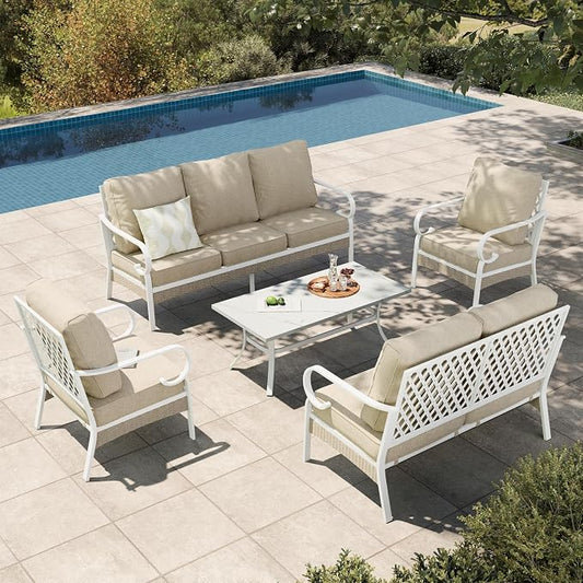 HERA'S HOUSE 5 Piece Metal Patio Furniture Set, 7 Seats All Weather Outdoor Conversation Set, 3 Seat Sofa with Loveseat, 2 Fixed Chairs, Coffee Table for Backyard, Garden, Deck, White/Beige