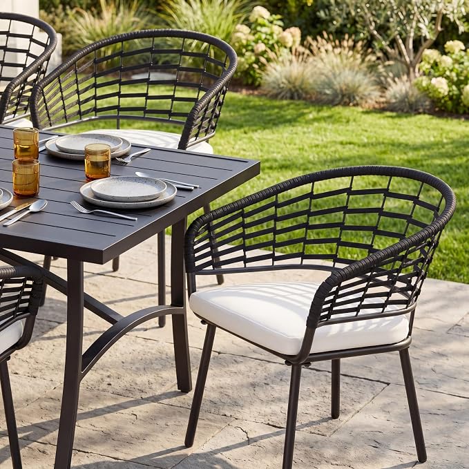 NUU GARDEN 7-Piece Patio Dining Set, Patio Table and Chairs Set Includes Rectangular Patio Table with Umbrella Hole, 6 Woven Rope Chairs with Beige Cushions, Outdoor Furniture Set, Blac