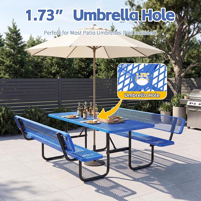 72" Rectangular Metal Picnic Table with Backrest, Commercial Steel Picnic Tables with 1.73" Umbrella Hole, Heavy Duty Picnic Tables for Outdoor Garden Courtyard BBQ, Blue
