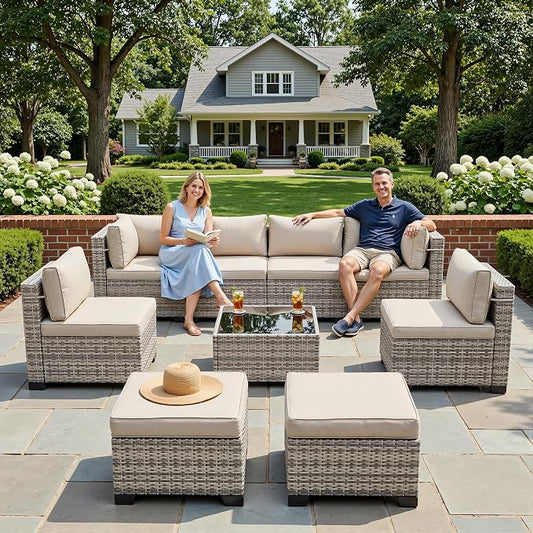 9-Piece Patio Furniture Set, Outdoor with Ottomans, Modular Patio Sofa, Dual-Strand Wicker Rattan, Rust-Resistant Frame, Backyard Furniture for Garden, Deck, Sand