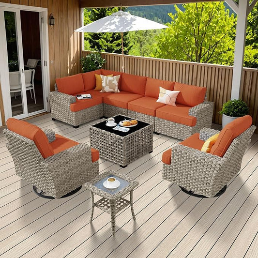 Weaxty 9 Pieces Patio Furniture Set, Outdoor Sectional Furniture Sofa Set w/Swivel Rocking Chairs Coffee Table, PE Wicker Modular Couch Conversation Set for Backyard Garden,Orange