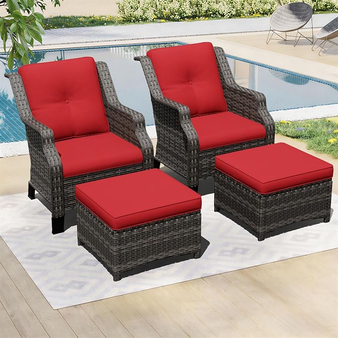 Outdoor Patio Furniture Set, 4 Piece Wicker Patio Furniture with Thick Cushions, Curved Armrest, Deep Seating, Rattan Outdoor Chairs for Porch, Deck, Balcony
