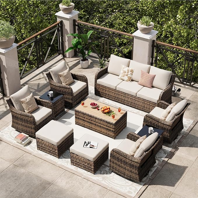 MEISSALIVVE Patio Furniture Set with Swivel Rocking Chairs, 10 Pieces Patio Conversation Set, Outdoor Wicker Sofa Couch with Waterproof Cushions for Lawn Backyard Porch (Brown)