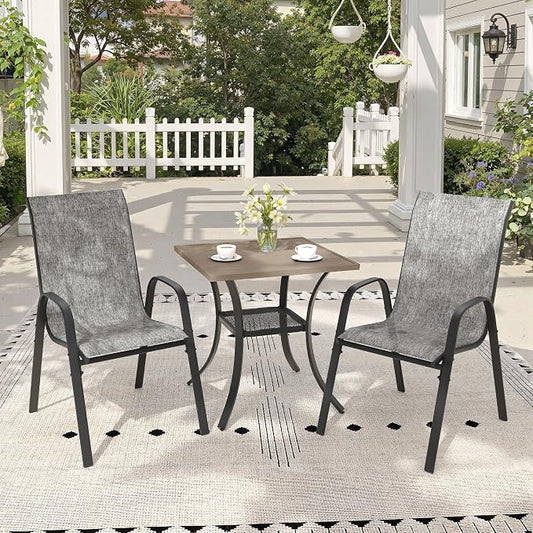 3 Pieces Outdoor Dining Set, 27.5" Square Table & Stackable Patio Dining Chairs, Patio Table and Chairs Set for Deck Garden Porch, Grey Chairs & Grey Table