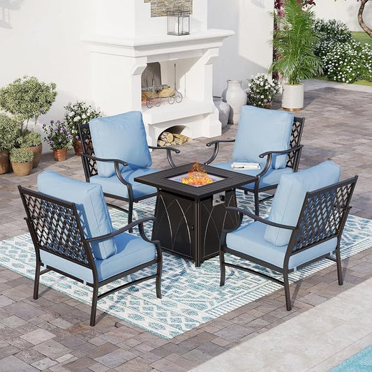 SUNSHINE VALLEY 5 Piece Metal Outdoor Patio Furniture Set with Fire Pit Table, Patio Conversation Sets 4 Fixed Chairs with 5.75" Thick Cushion and 5000 BTU Fire Pit Table, Backyard Furniture, Blue