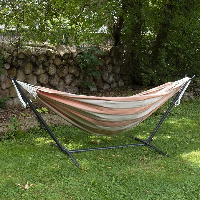 Vivere Double Sunbrella Hammock with Space-Saving Steel Stand, Heavy-Duty Portable Outdoor Hammock Set for Backyard, Patio, or Travel, Cameo