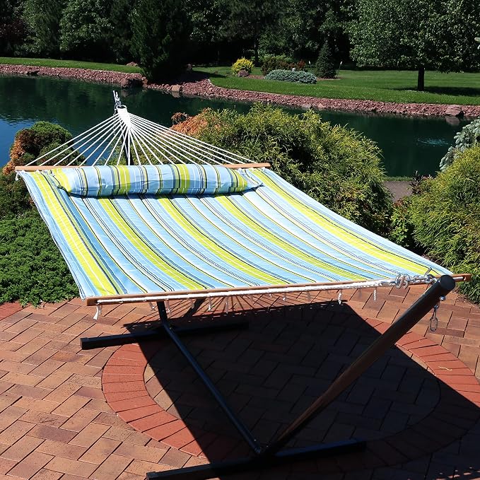 Sunnydaze Set of 2 Outdoor Quilted Fabric Hammocks - 2-Person Hammock with Spreader Bars - Black/White and Blue/Green