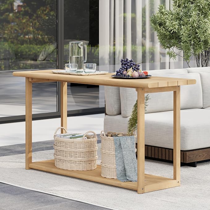 Christopher Knight Home Joei Indoor/Outdoor 2-Tier Console Table, Narrow Console Table for Entryway, Farmhouse Solid Wood Buffet Table with Bottom Shelf, Light Teak