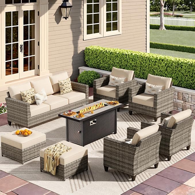 CAODOC 8-Piece Outdoor Wicker Patio Set with 9 Seats, Including 53" Fire Pit - Sectional Sofa and Conversation Set for Backyard or Lawn, Gray Rattan with Waterproof Beige Cushions