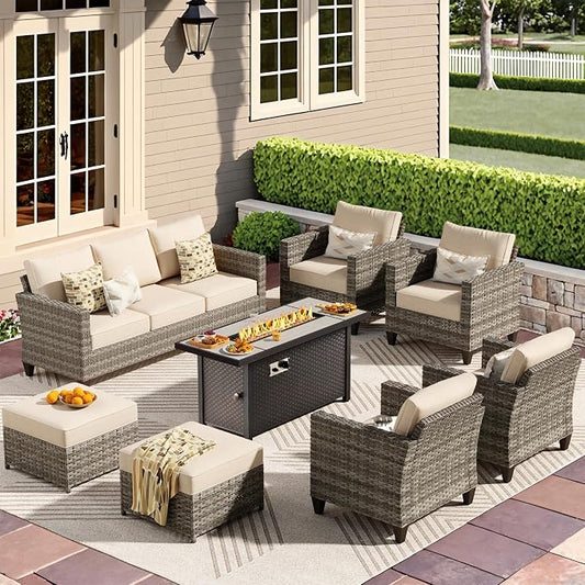 CAODOC 8-Piece Outdoor Wicker Patio Set with 9 Seats, Including 53" Fire Pit - Sectional Sofa and Conversation Set for Backyard or Lawn, Gray Rattan with Waterproof Beige Cushions