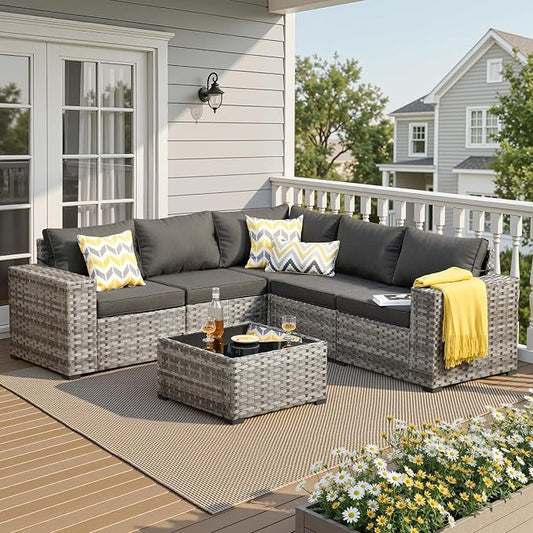 6 Pieces Patio Furniture Set, Outdoor Wicker Sectional Sofa with 7.7" Extra Wide Armrests, Modern Rattan Modular Conversation Set with Thickened Deep Seat Cushions & Coffee Table for Backyard, Black