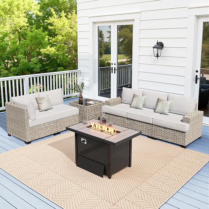 Weaxty 7 Pieces Wide Seats Outdoor Furniture Set, L Shape Sectional Couch Ottoman Fire Pit Solar Table, Thick Cushion All-Weather Rattan Patio Conversation Sets for Backyard Porch Deck, Grey