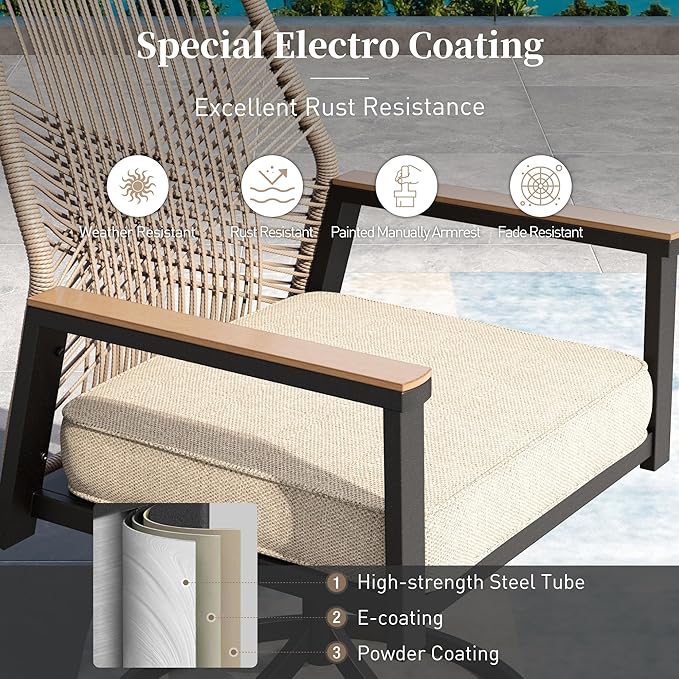 Patio Dining Set 5 Piece, 4 x Woven Rattan Swivel Chairs with Waterproof Cushion, 34.2" Square Metal Dining Table with Umbrella Hole, Outdoor Table and Chairs Set for Backyard Lawn and Deck, Beige