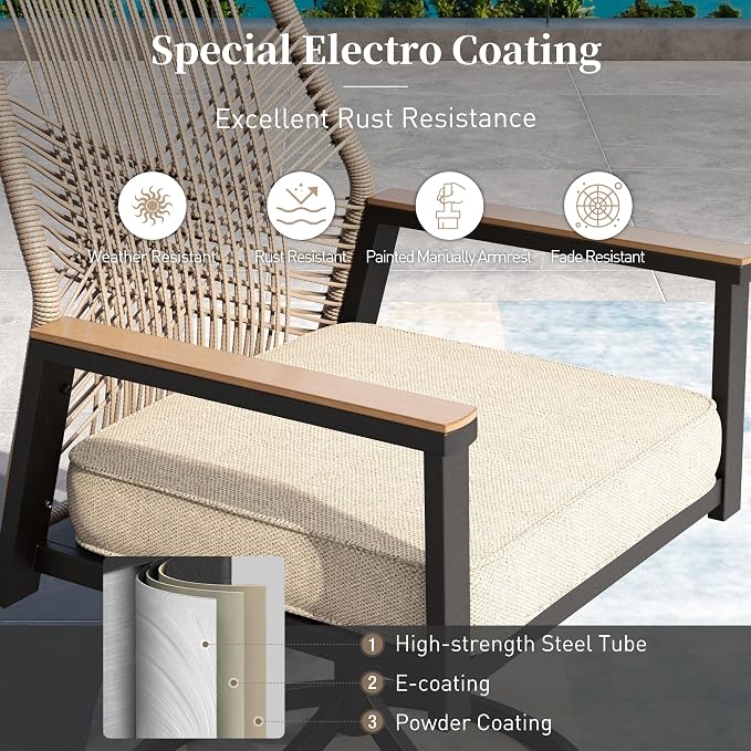 Patio Dining Set 9 Piece, 8 x Woven Rattan Swivel Chairs with Waterproof Cushion, 67" Round Metal Dining Table with Umbrella Hole, Outdoor Table and Chairs Set for Backyard Lawn and Deck, Beige