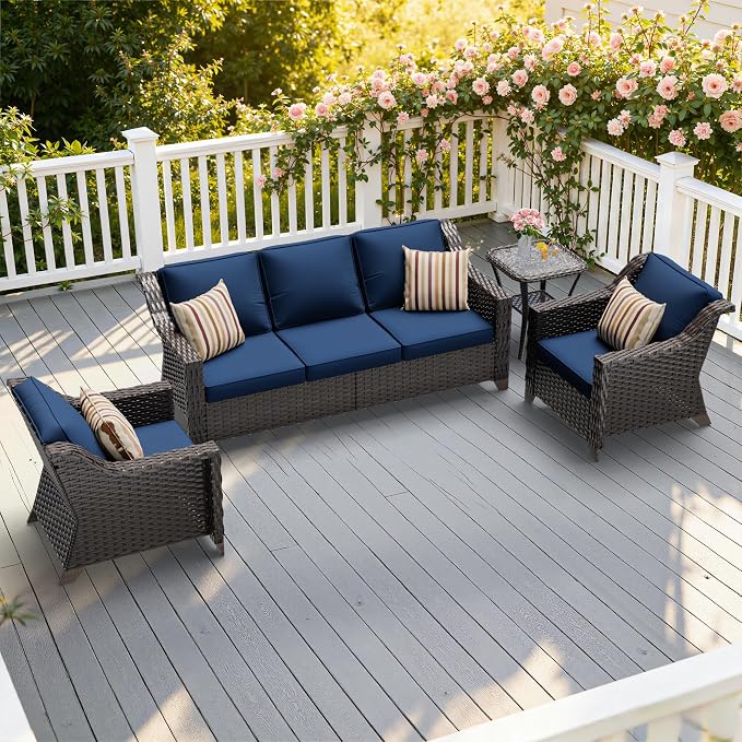 4 Pieces Patio Conversation Furniture Set - 1 Sofa, 2 Armchairs, 1 Side Table, Outdoor Wicker Furniture with Removable Cushions for Porch, Balcony, Sunroom (Blue)