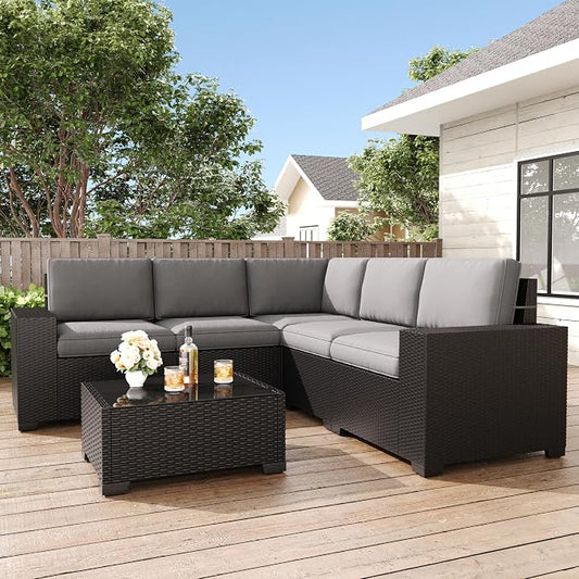LayinSun 6 Pieces Patio Furniture Set, Black Rattan Modular Sectional Outdoor Conversation Sofa Set