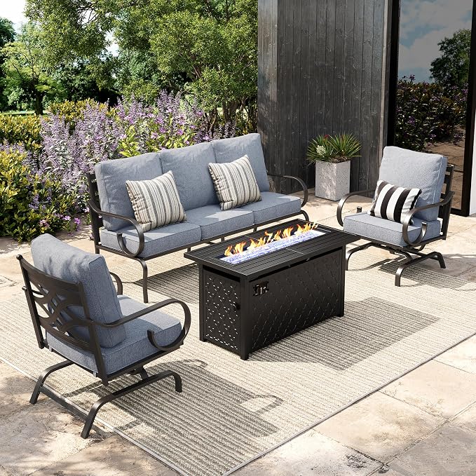 Sophia & William Patio Conversation Set for 5, 3-Seater Sofa, 2 Rocking Chairs and a 45" Fire Pit Table, Metal Outdoor Furniture with 5.75" Extra Thick Cushions, Grey