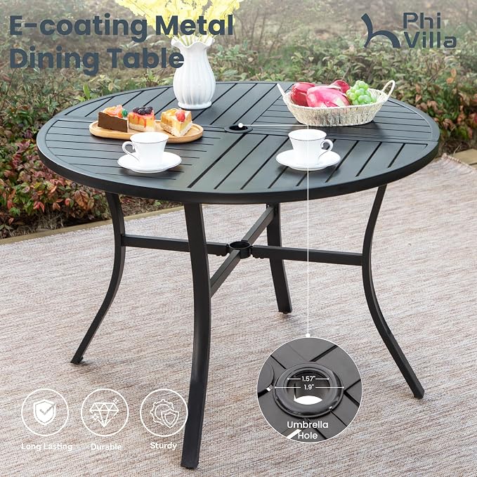 PHI VILLA 5 Pcs Outdoor Dining Set for 4&Round Steel Table | Metal Table w/Umbrella Hole&Stacking Wrought Iron Chairs,Modern Furniture Set for Patio,Deck,Backyard,Porch