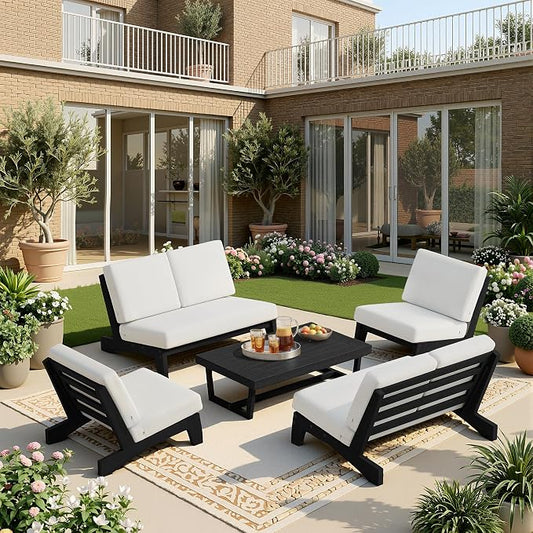5 Pieces All Weather Black Wood Patio Furniture Sets, 2 Patio Loveseat, 2 Patio Bistro Chair, Outdoor Sectional Sofa Furniture Backyard Conversation Set with Coffee Table - Beige