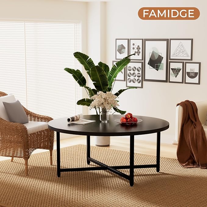 FAMIDGE Coffee Table, 31.5" Round Black Coffee Table for Living Room, Center Tables for Family & Office Use, Circle Coffee Tables Round, Large Black (31.5" D x 17.7" H)