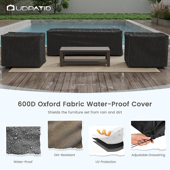 UDPATIO Aluminum Patio Furniture Set, Faux Wood Grain Modern Outdoor Furniture, 6" Cushions Metal Patio Conversation Sofa with Coffee Table for Poolside Deck, 6 PCS, Beige(Include 600D Covers)