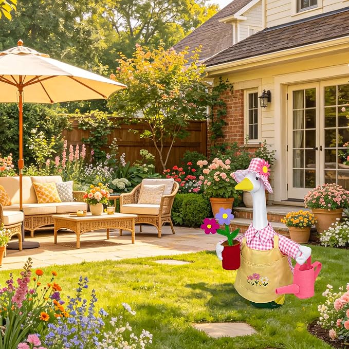 Gardener Porch Goose Outfit Pink, Spring Goose Outfit Lawn Gooses Clothes Geese Costume for 23" Cement Plastic Geese Statue for Garden Yard Decoration