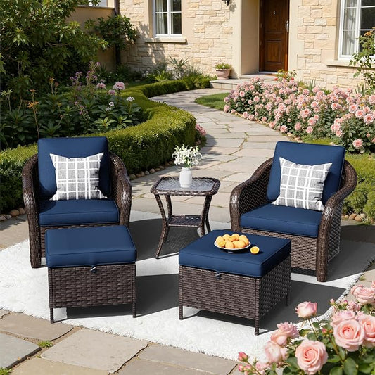 5 PCS Outdoor Conversation Set | 2 Chairs, 1 Side Table, 2 Ottomans, Patio Wicker Conversation Furniture with Removable Cushions for Bistro, Deck, Sunroom(Navy Blue)