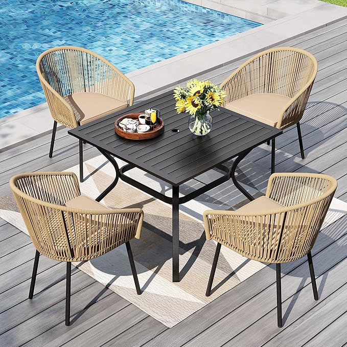 PHI VILLA 5-Piece Patio Dining Set, 37" Square Table, Wicker Chairs | Outdoor Dining Set for 4, Metal Table with Umbrella Hole, Cushioned Brown Rattan chairs. Modern design for patio, deck, porch