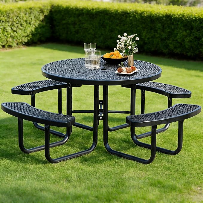 46" Round Picnic Tables for Outdoors,Commercial Metal Picnic Table Bench Set W/ Umbrella Hole,Restaurant School Canteen Tables W/Seats - Heavy Duty Sturdy Picnic Tables for Patio Garden Coffee Shop