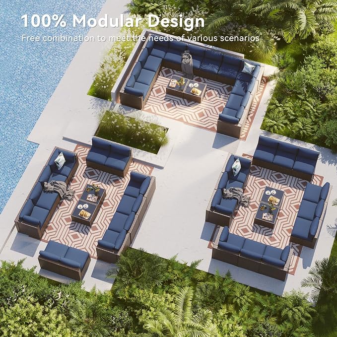 LazySunsets 14 Piece Outdoor Patio Furniture Set with Coffee Table, Outdoor Patio Furniture Sets with 4'' Thicken Cushion, Wicker Outdoor Conversation Set for Backyard & Garden, Blue
