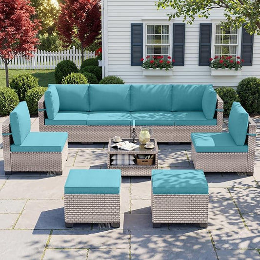 Patio Furniture Set, 9-Piece Outdoor Sectional Sofa with Ottomans & 2-Layer Glass Coffee Table, Wicker Patio Conversation Set with Cyan Cushions for Poolside
