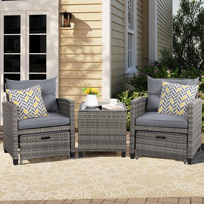 Vongrasig 5 Piece Patio Furniture Set, Small Balcony Furniture, PE Wicker Rattan Patio Chairs Set of 2, Outdoor Lounge Chairs with Cushions Ottomans &Glass Table for Porch Garden(Light Grey)