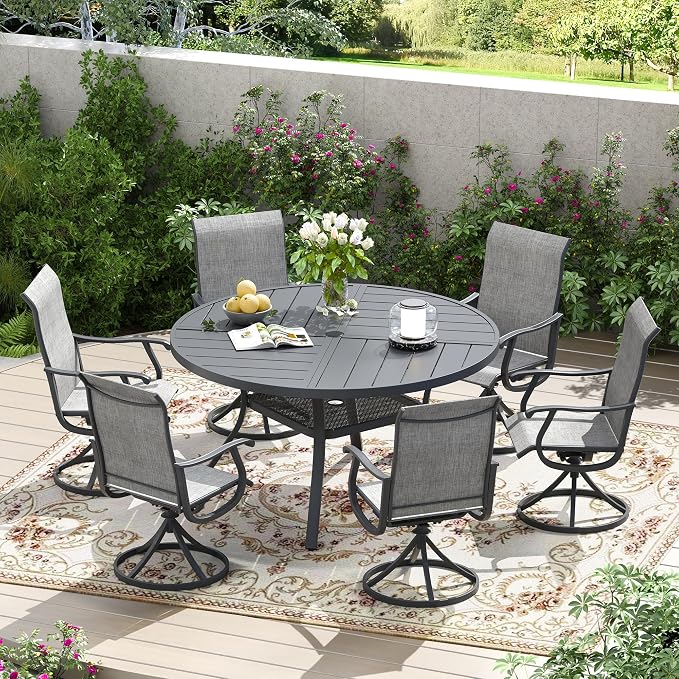 Patio Dining Table for 4-6, Round Metal Outdoor Table with Storage Shelf, 1.57" Umbrella Hole, 47" Outdoor Quartered Tabletop Dining Table for Backyard, Porch, Lawn, Dark Grey