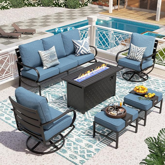 PHI VILLA Patio Furniture Set with FirePit Table, Outdoor Furniture with 1 x 3-Seat Deep Seating Bench, 2 x Swivel Sofa Chairs & 2 Ottomans, 5.75" Cushioned Outdoor Conversation Set for 5, Navy Blue