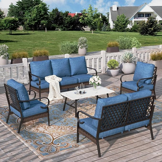HERA'S HOUSE 5 Piece Metal Patio Furniture Set, 7 Seats All Weather Outdoor Conversation Set, 3 Seat Sofa with Loveseat, 2 Fixed Chairs, Coffee Table for Backyard, Garden, Deck, Pacific Blue