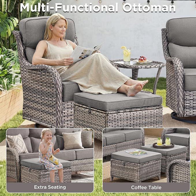 Luxury 8 Pieces Outdoor Patio Furniture Set-All Weather Wicker Swivel Rocker Patio Chairs with 6" Thick Cushion Rattan Sofa Coffee Table, Outdoor Conversation for Garden Porch Backyard(Grey/Grey)