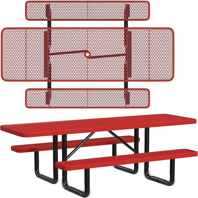 Leisure Craft Metal Picnic Table with Bench - 8 ft Rectangle Outdoor Dining Table with Umbrella Hole, Heavy Duty Thermoplastic Coating, ADA Compliant, Commercial Grade Furniture Made in USA - Red