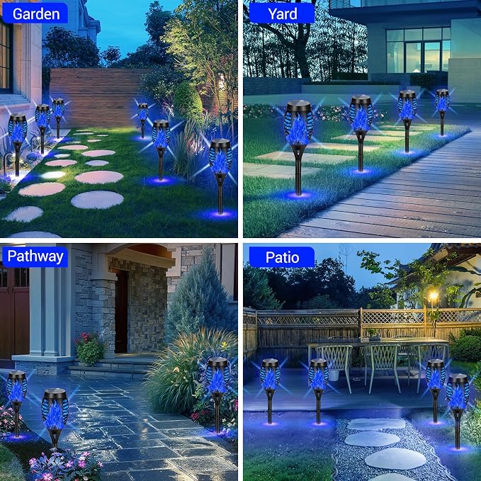 Solar Lights Outdoor, Upgraded 16 Pack Blue Solar Torch Light with Flickering Flame for Garden Decor, Waterproof Outdoor Lights Solar Powered, Tiki Torches for Outside Yard Patio Pathway Decor