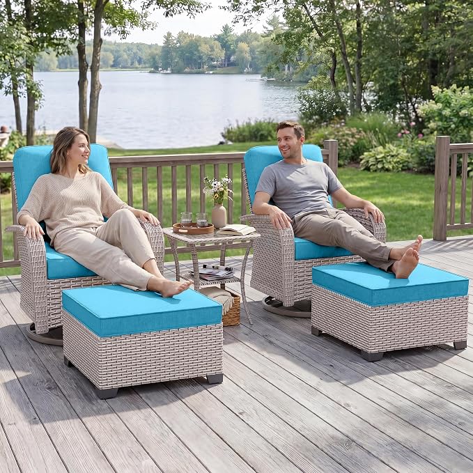 5-Piece Patio Furniture Set, Outdoor Swivel Rocking Chairs Set with Ottomans,All Weather Conversation Set for Porch Poolside Balcony,Cyan