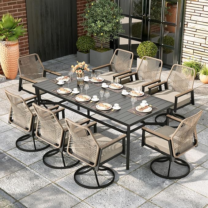 MIXPATIO 9 Pieces Outdoor Patio Dining Set, Wicker Patio Table and Chairs Set of 8, Swivel Wicker Chairs with 3.2" Cushion and 83"x40" Rectangular Table with Umbrella Hole for Yard, Porch, Beige