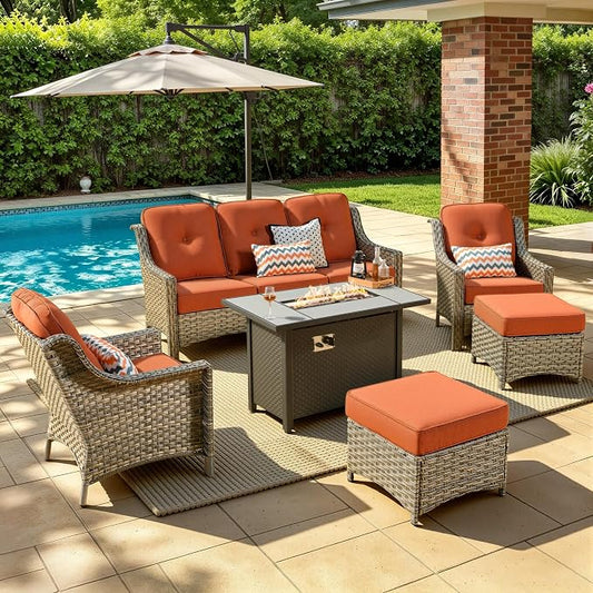 6 Piece Patio Furniture Set with Fire Pit Table, Outdoor Wicker High Back Sofa Chairs Ottoman with Comfy Cushions, Modern Conversation Sets for Backyard Deck Garden Poolside, Bold Orange