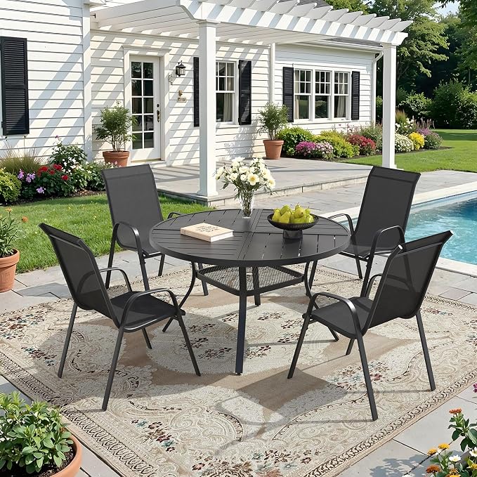 DIFY 5 Piece Outdoor Dining Set, 40" Black Round Metal Dining Table and Dark Grey Textilene Stackable Patio Chairs, Patio Table and Chairs Set for 4 with Umbrella Hole for Backyard Garden Deck
