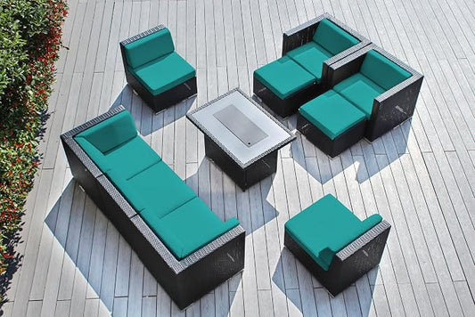 Fully Assembled 10 Piece Ohana Outdoor Patio Furniture Black Wicker Conversation Set with Club Chair and 42-inch Propane Gas Fire Table
