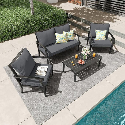 4-Piece Patio Conversation Set,Oversized Outdoor Metal Furniture Set with Table and Loveseat,Removable and Washable Deep Seating Cushions,High Backrest for Porch Poolside Deck,Grey