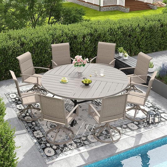 DIFY 9 Piece Outdoor Dining Set, Metal Patio Table and Chairs Set, 63" Grey Wood-Like Round Dining Table & 8 Sandshell Padded Textilene Swivel Patio Chairs, Outdoor Furniture Set for Garden Backyard