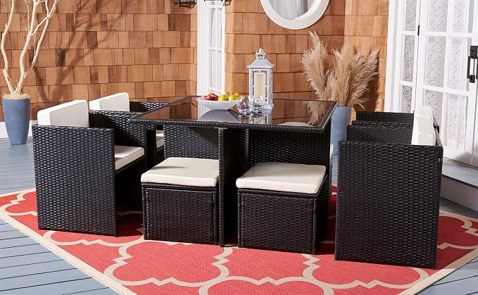 SAFAVIEH Outdoor Collection Klena Black Rattan/Beige Cushion 9-Piece Patio Backyard Dining Set