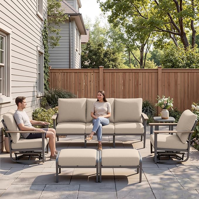 Aluminum Outdoor Patio Furniture Set, 6-Piece Outdoor Sofa with 5.1" Thick Cushions, Swivel Rocking Chairs, Outdoor Couch with Ottomans, for Porch, Garden, Khaki