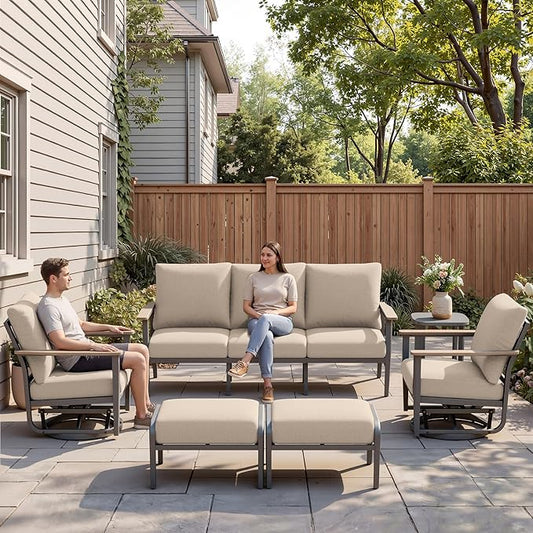 Aluminum Outdoor Patio Furniture Set, 6-Piece Outdoor Sofa with 5.1" Thick Cushions, Swivel Rocking Chairs, Outdoor Couch with Ottomans, for Porch, Garden, Khaki