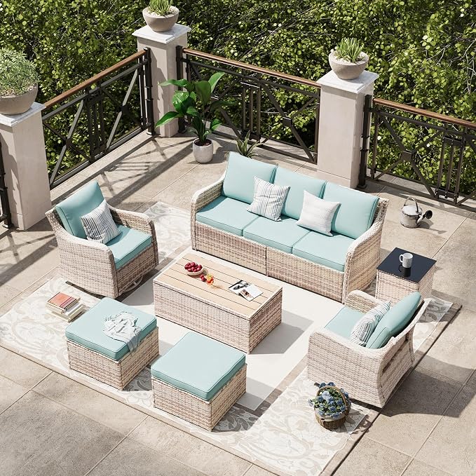 MEISSALIVVE 7 Pieces Patio Furniture Set with Swivel Chair, Outdoor Patio Conversation Set, Patio Sectional Furniture Set with 2 Swivel Rocker Patio Chair and Sofa, 2 Ottomans and Coffee Table (Blue)